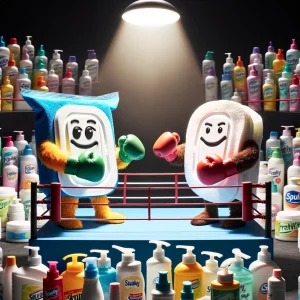 In a playful scene, Skunky Wipes and Freshwipes, personified, engage in a humorous boxing match in a boxing ring.