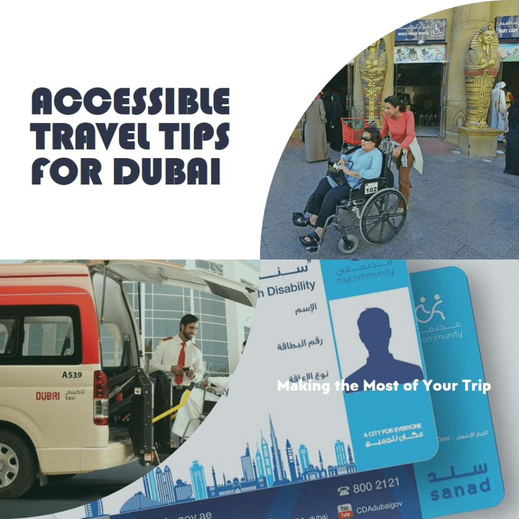 Composite image, wheelchair user in Dubai Global Market, Accessible Taxi, Sanad disability card
