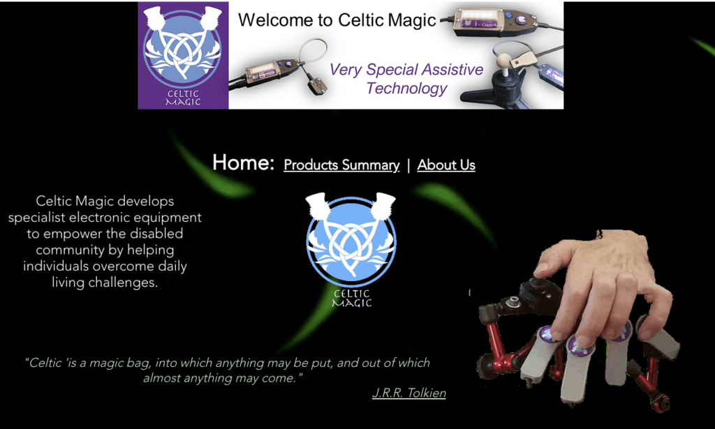 homepage screenshot of Celtic magic showing a thistle gaming logo and an adapted gaming controller