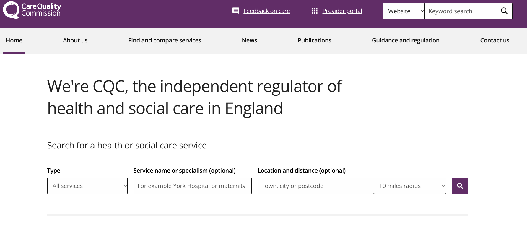 Screen shot of Care Quality Commission homepage