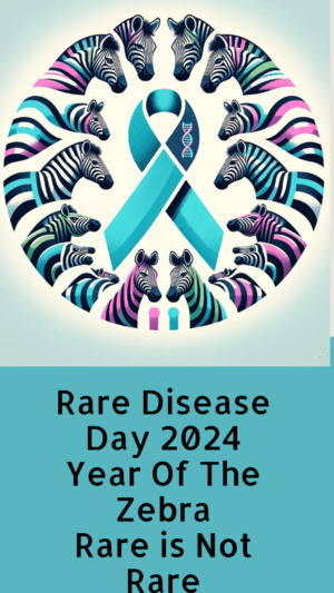 Awareness ribbon with genetic symbol on it pictures of zebras circle it, all have different stripes like the different rare diseases. For Rare Disease Day 2024