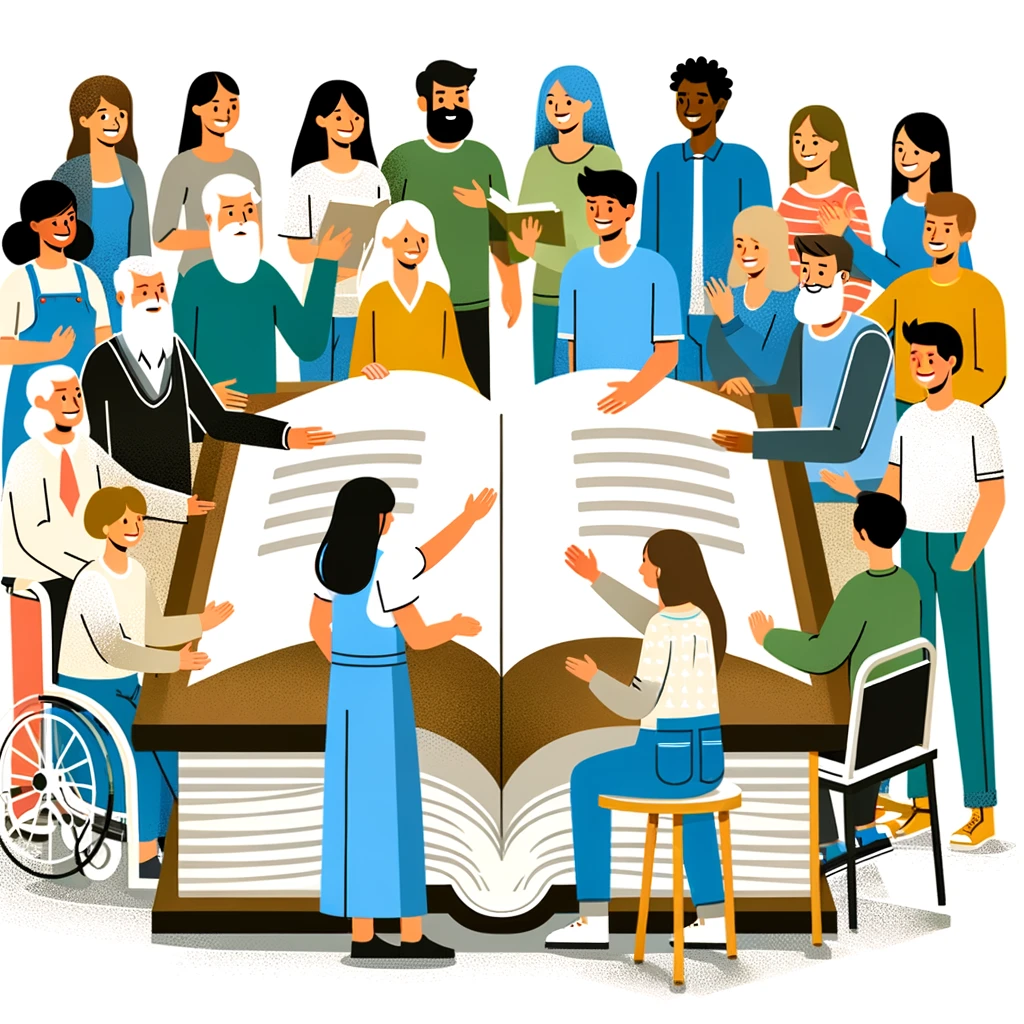 diverse group of people gathered around a large book, showing different ages, abilities, and backgrounds. They are all engaged and smiling, symbolizing easy access to information.