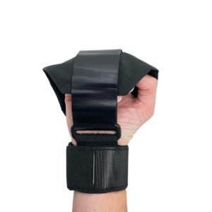 single glove that closes fingers to grip shown with hand inside and buckle strap