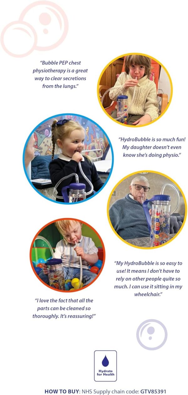 A collage of four children using HydroBubble devices with quotes about its benefits. Top right: Boy in a cream sweater using the device. Top left: Girl with blonde hair and a black shirt. Bottom right: Older man in a blue shirt using the device in a wheelchair. Bottom left: Boy with blonde hair in a white shirt. Quotes praise the device for making physiotherapy fun and easy. At the bottom, text provides purchasing information with the NHS Supply Chain code: GTV85391.