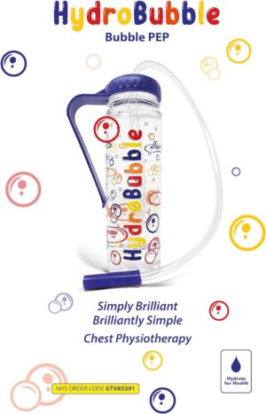 An advertisement for the HydroBubble Bubble PEP device. The device is a clear container with colorful designs, a blue lid, and a connected tube. The text reads "Simply Brilliant, Brilliantly Simple Chest Physiotherapy" and provides the NHS order code GTV85391 at the bottom. The HydroBubble logo is included.