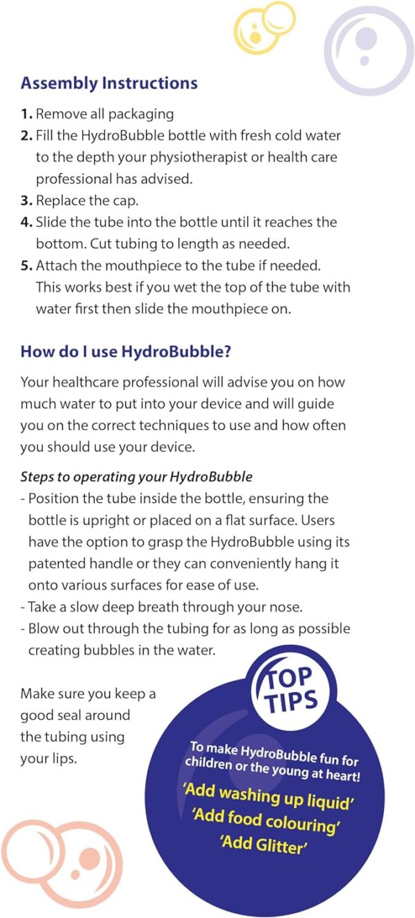An infographic with assembly instructions and usage tips for the HydroBubble. The assembly steps are: remove packaging, fill the bottle with cold water as advised, replace the cap, slide the tube in until it reaches the bottom, and attach the mouthpiece. For usage, it advises positioning the tube correctly, taking deep breaths through the nose, and blowing out to create bubbles. It also includes a tip to make it fun by adding washing-up liquid, food coloring, or glitter.