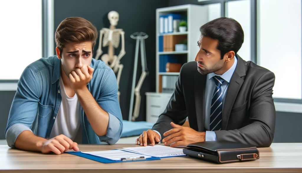 A worried young man in casual clothes consults with a serious-looking personal injury claims lawyer in an office. The lawyer, wearing a suit and tie, explains documents on the table. The office background includes shelves with books and a model skeleton
