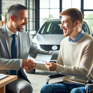 A man in a suit shakes hands with a young man in a wheelchair inside a car dealership. They are both smiling, and the young man holds paperwork. A car is visible in the background