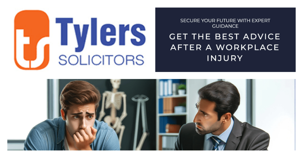 composite image. The top half features tylers solicitors logo and a tagline: "Secure your future with expert guidance. Get the best advice after a workplace injury." Below, a worried young man consults with a serious-looking lawyer in an office. The lawyer reviews documents, and a model skeleton and shelves are visible in the background.