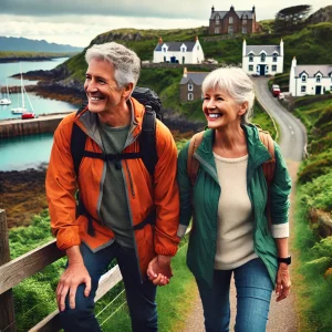 An older couple, both smiling, walk hand in hand along a scenic coastal path. They wear hiking jackets, the man in orange and the woman in green, with backpacks. In the background, there are colorful houses, green hills, and a small harbor with boats