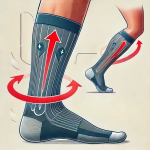 Illustration of a pair of legs wearing compression socks. Arrows indicate blood flow direction from the feet upwards and around the calves, highlighting the socks' support and circulation benefits.