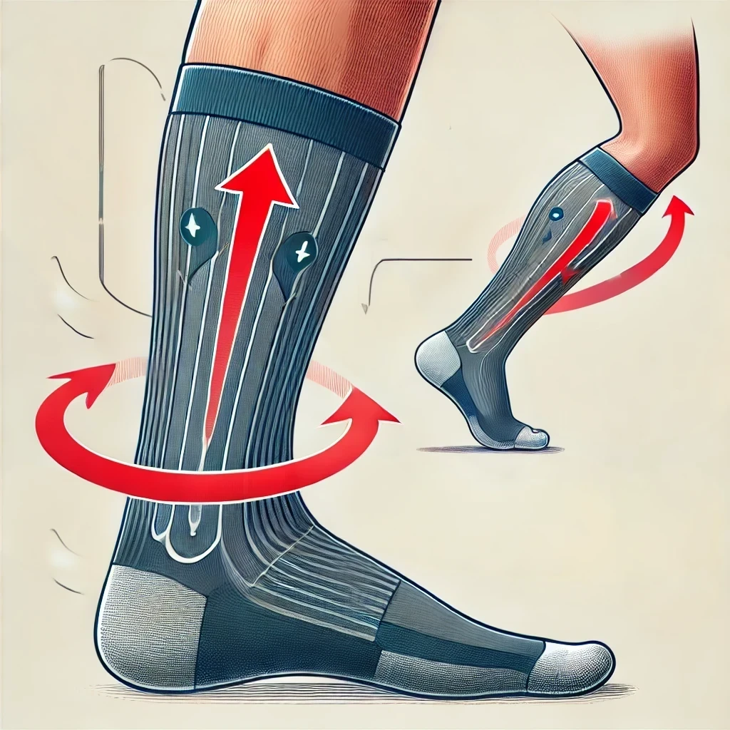 Illustration of a pair of legs wearing compression socks. Arrows indicate blood flow direction from the feet upwards and around the calves, highlighting the socks' support and circulation benefits.