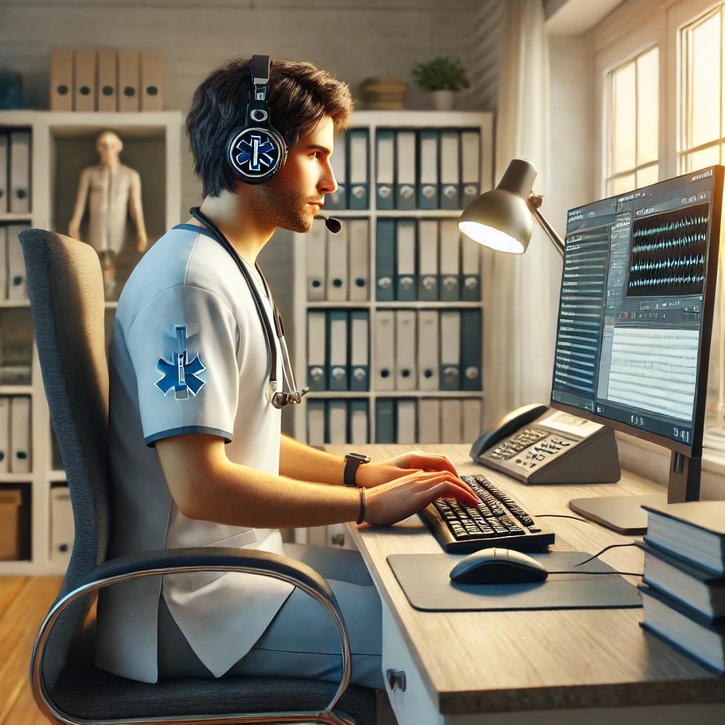 A healthcare professional, wearing a headset and scrubs with a medical emblem, sits at a desk in an office. They are focused on a computer screen displaying medical data, with a stethoscope draped around their neck. The office is organized, with shelves of binders and a window letting in natural light.