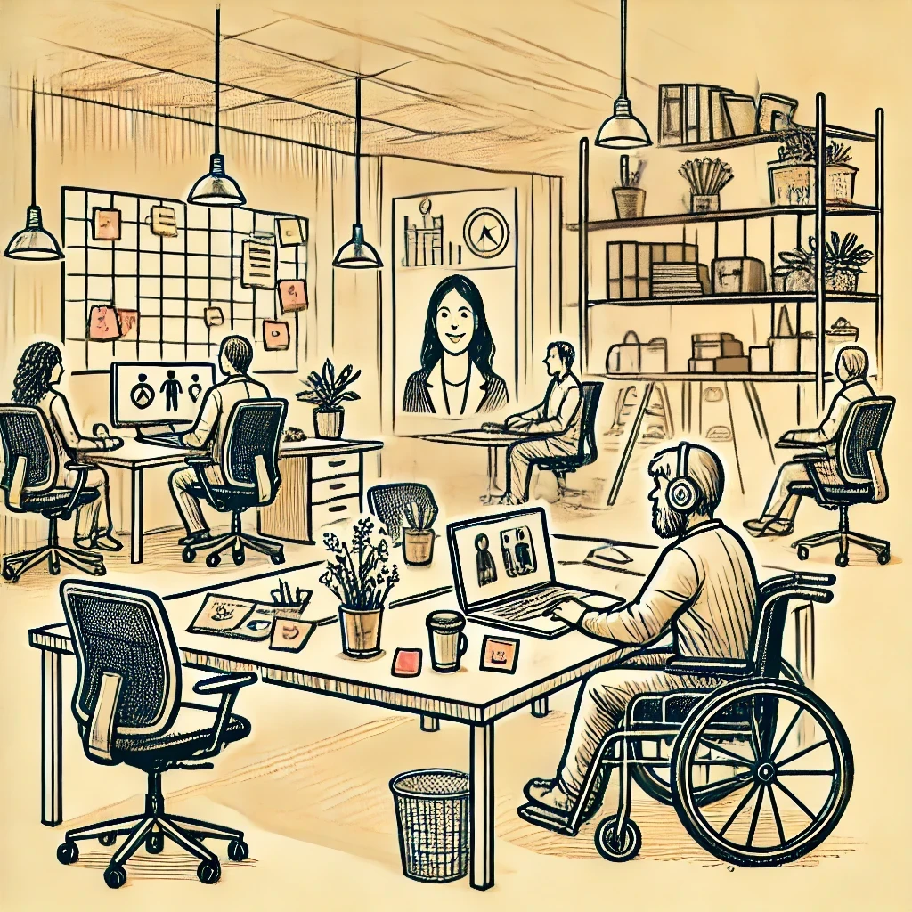 A hand-drawn sketch of an open office space with diverse employees working at desks. The scene includes laptops, sticky notes, coffee cups, and shelves filled with books and files, creating a warm and inclusive workplace atmosphere.