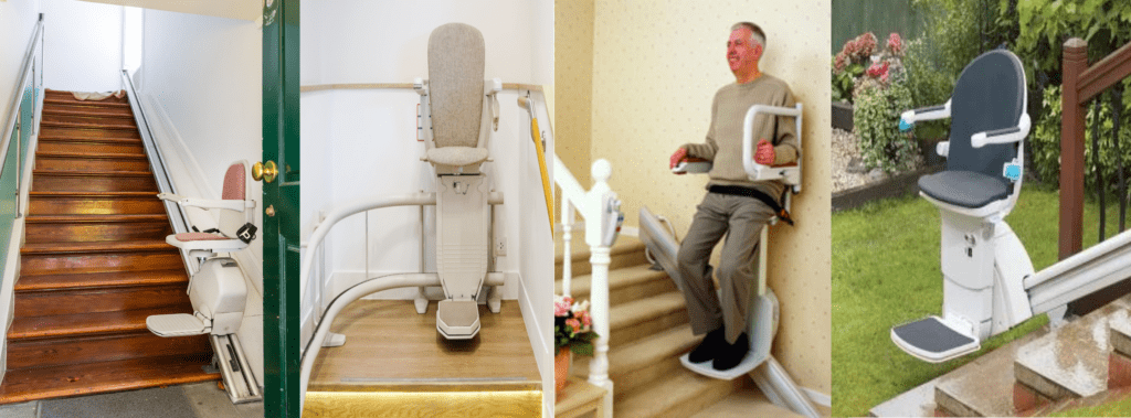 A collage of four different stairlift installations. The first shows a stairlift on a wooden indoor staircase; the second is a curved stairlift on a landing; the third features a smiling older man using a stairlift on a carpeted staircase; the fourth displays an outdoor stairlift on steps in a garden, with a black seat and armrests.