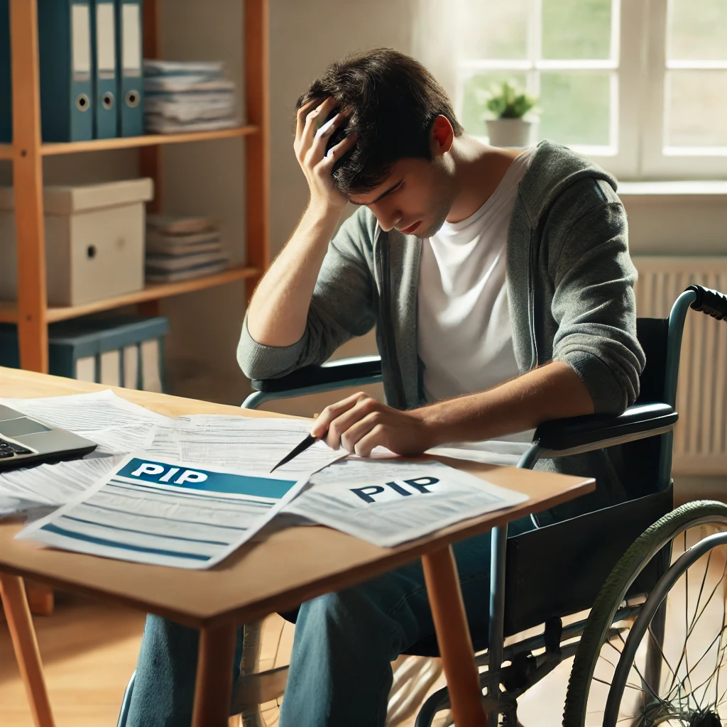 person with a visible disability in a wheelchair, frustrated while filling out a complex PIP form in a home office setting. 