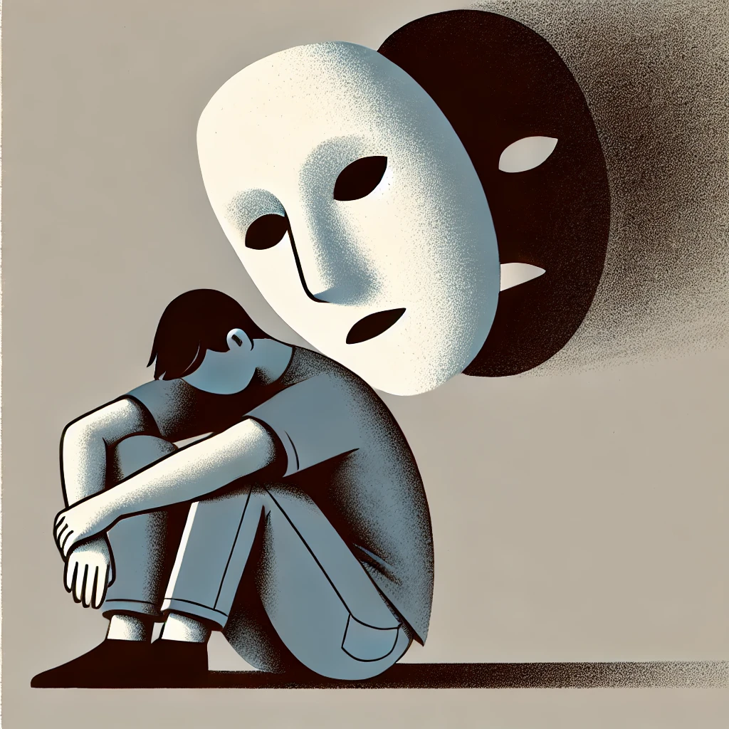 illustration representing the concept of stigma, featuring a person hiding behind a mask with a looming shadow. The minimalistic style emphasizes the emotional burden of stigma and judgment. 