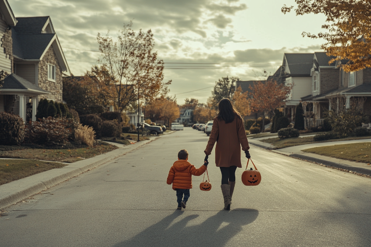 A woman and a young child walk down a suburban street during autumn, holding hands. Both carry pumpkin-shaped buckets, likely for trick-or-treating. The street is lined with houses, trees with fall leaves, and the setting sun casts a warm glow over the scene.