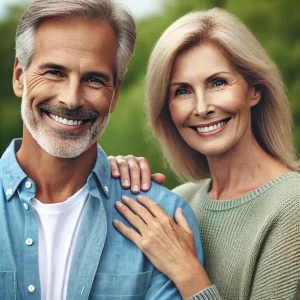 The image shows a smiling older couple outdoors. They are dressed casually and appear happy and relaxed. The background is blurred, suggesting a natural setting with greenery. The couple is standing close together, with the woman resting her hand on the man's shoulder. The image conveys a sense of contentment and well-being