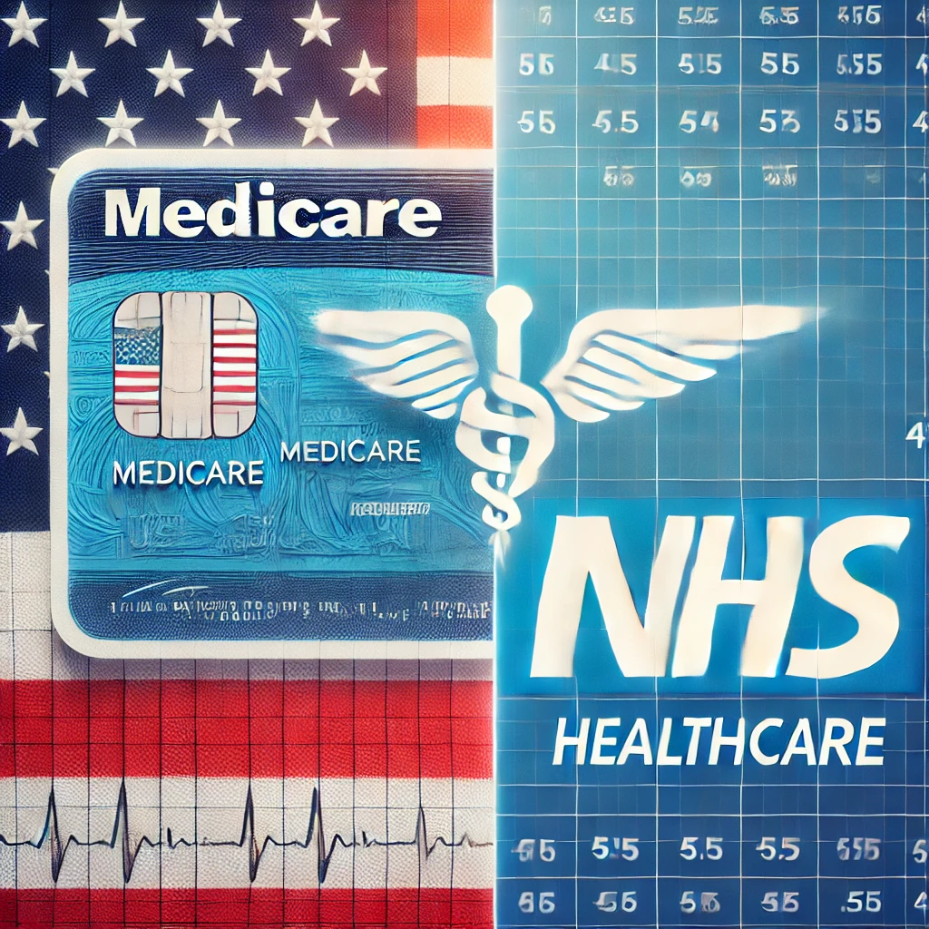 Split image comparing U.S. Medicare and UK NHS healthcare systems. The left side shows a Medicare card over a U.S. flag background with an EKG line. The right side features the NHS logo with a medical caduceus symbol on a blue grid.