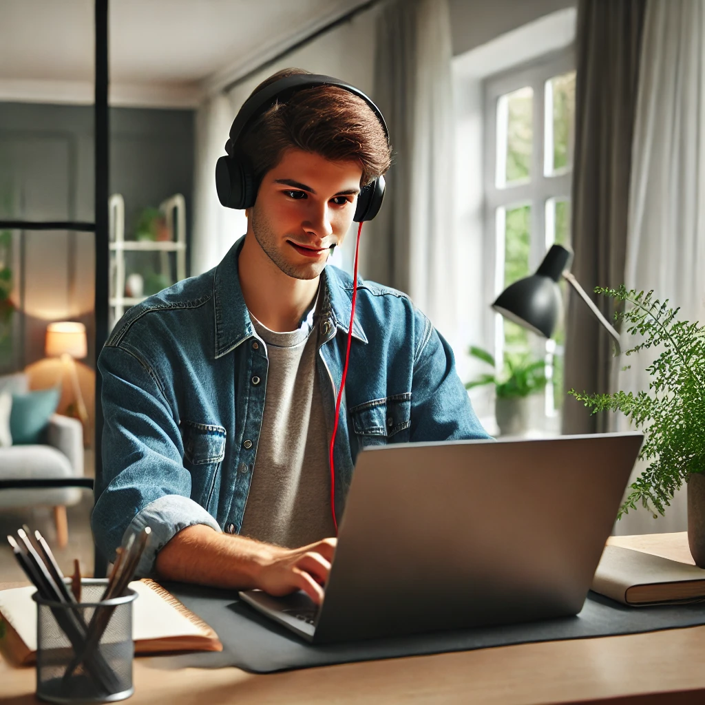 A young adult wearing headphones sits at a tidy desk, working on a laptop in a calm home environment. The individual appears focused and content. The workspace is cozy, featuring soft lighting, a small plant on the desk, and minimal distractions. A large window in the background allows natural light to brighten the room. The overall setting highlights the benefits of remote work for autistic professionals, providing a comfortable and sensory-friendly workspace