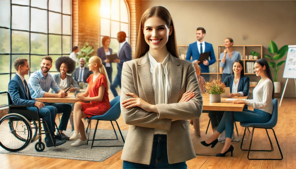 A bright, modern office with a diverse group of professionals engaged in a welcoming and collaborative work environment. In the center, a neurodivergent professional confidently joins the team, shaking hands with a supportive colleague. Other employees are engaged in teamwork, discussion, or focused work at desks. The space is open and well-lit, creating an inclusive and professional atmosphere that highlights diversity in hiring.