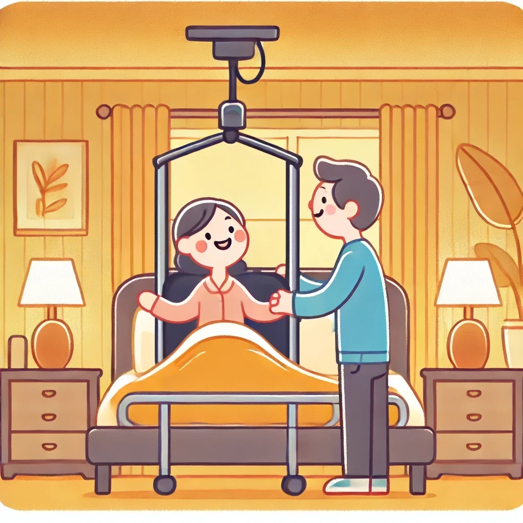 A warm, cozy bedroom scene features a smiling woman in bed using a ceiling-mounted patient lift, assisted by a man holding her hands. The room has soft lighting, bedside tables with lamps, and decorative plants, creating a comforting atmosphere.