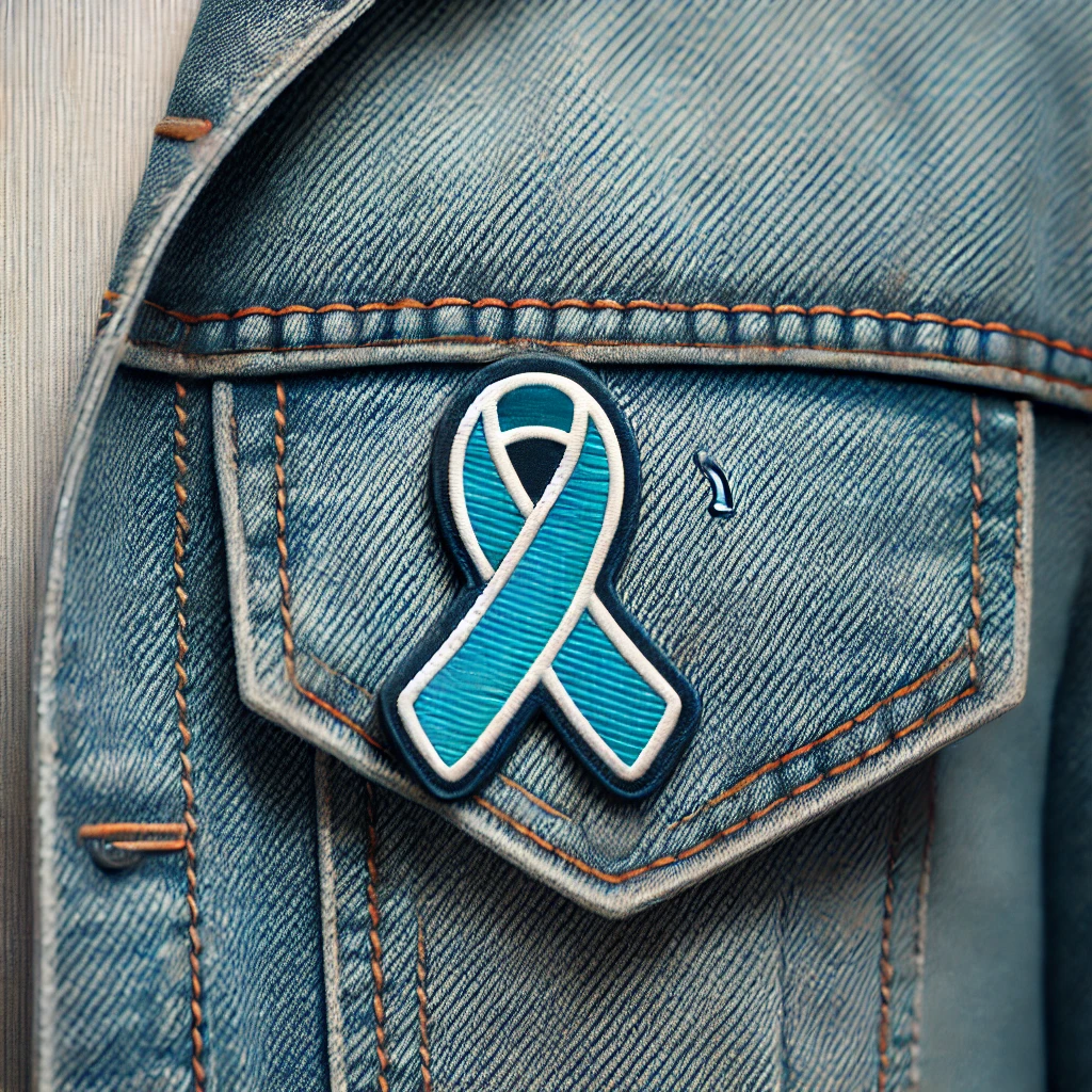 cartoon-style illustration of a person wearing a denim jacket with a small, subtle blue ostomy care ribbon neatly pinned to the lapel.