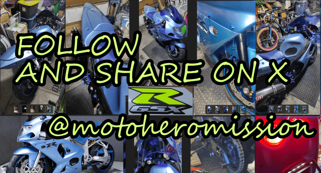 A digital collage features multiple images of a customized blue Suzuki GSX motorcycle, shown from various angles and details. The text "FOLLOW AND SHARE ON X" is prominently displayed in bold, black-outlined, neon green font. Below, the handle "@motoheromission" is written in a similar style. The images highlight the bike's sleek design, modifications, and parts, including close-ups of the fairings, exhaust, and lighting. The background includes a garage setting with tools, storage bins, and bicycles