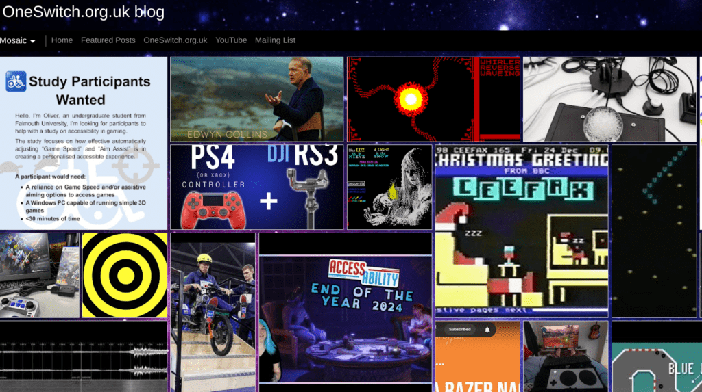 A collage of various images related to gaming, accessibility, and technology on the OneSwitch.org.uk blog. Notable elements include a recruitment poster for a gaming accessibility study, a PS4 controller advertisement, a retro CEEFAX Christmas greeting, an image of musician Edwyn Collins, a motorbike event, and assistive gaming equipment. The background is a starry night sky, and the layout has a mosaic-style arrangement of images.