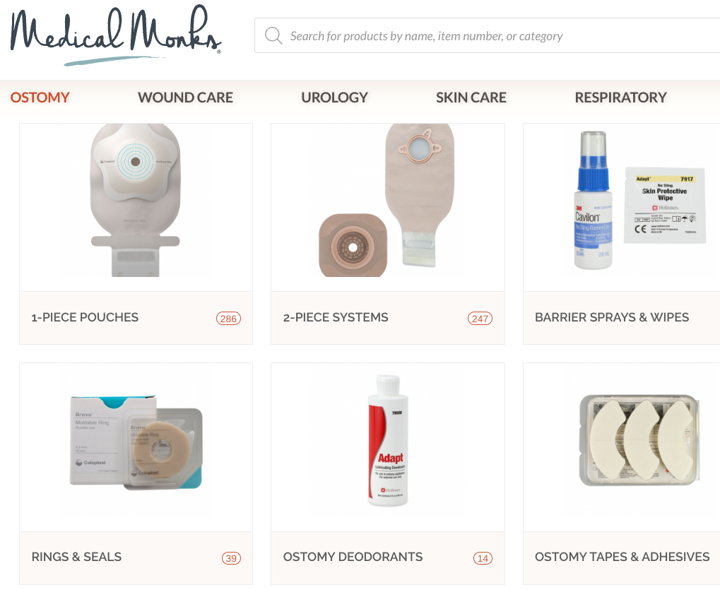 A screenshot of the Medical Monks website shows a product category page for ostomy supplies. It includes six product categories with images and labels: "1-Piece Pouches," "2-Piece Systems," "Barrier Sprays & Wipes," "Rings & Seals," "Ostomy Deodorants," and "Ostomy Tapes & Adhesives." The number of available items in each category is displayed in red circles. The website header features the "Medical Monks" logo, a search bar, and navigation tabs for different medical supply categories.