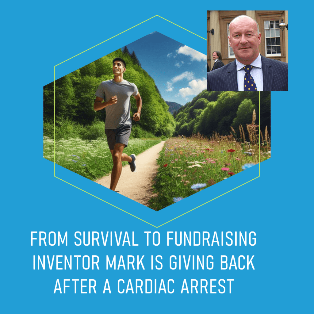 A promotional graphic about Mark Moran’s recovery and fundraising effort. Key Elements: The image features a young man jogging on a scenic trail through green countryside under a blue sky. In the upper-right corner, there is a separate photo of a man in a suit, identified in context as Mark Moran. The background is a solid blue with a hexagonal frame around the main image. Text on Image: "From survival to fundraising Inventor Mark is giving back after a cardiac arrest" Contextual Information: The image supports a blog post about Mark Moran’s cardiac arrest survival and his efforts to raise money for the Great Western Air Ambulance by running a half marathon.