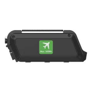 Portable 300Wh Battery for Travel-Friendly Mobility Power A lightweight, travel-safe battery with a Max. 300Wh marking and a green airplane symbol. Designed for airline-approved wheelchair accessories, it features a sturdy case and secure locking mechanism.