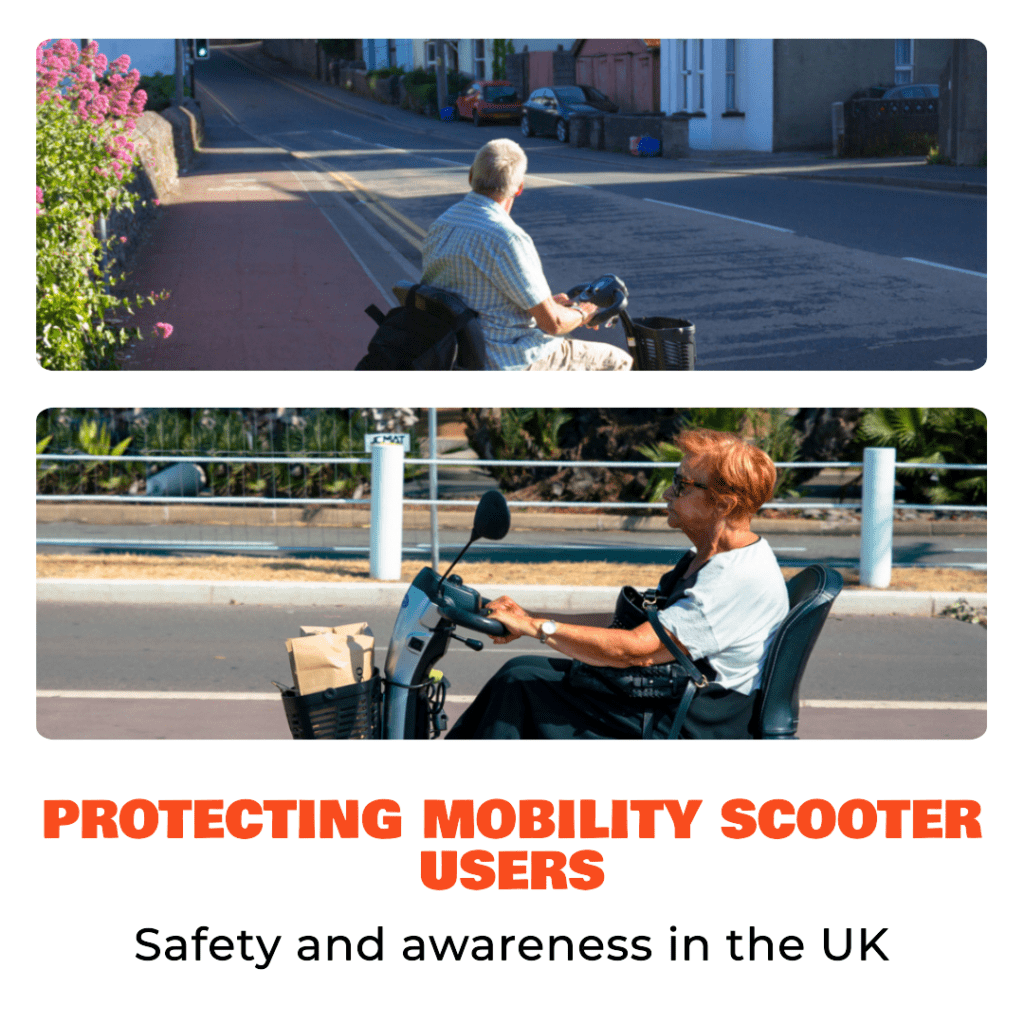 collage showing older adults using mobility scooters on roads. The first image features a man riding his scooter along a street with no visible pavement. The second image shows a woman driving her scooter near a road, carrying shopping bags. The text below reads: "PROTECTING MOBILITY SCOOTER USERS – Safety and awareness in the UK."