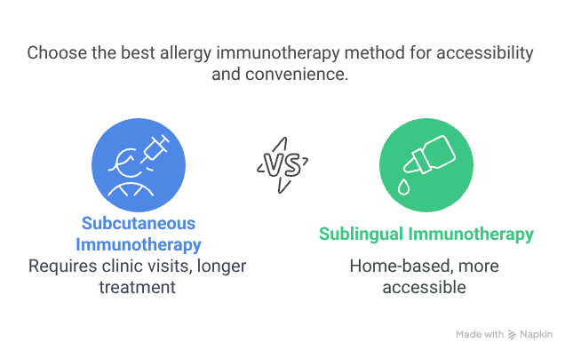 Comparison of two allergy immunotherapy methods. On the left, "Subcutaneous Immunotherapy" is shown with a blue icon and labeled as requiring clinic visits and longer treatment. On the right, "Sublingual Immunotherapy" is shown with a green icon and labeled as home-based and more accessible. Text at the top reads: "Choose the best allergy immunotherapy method for accessibility and convenience." Center graphic shows "vs" between the two options.