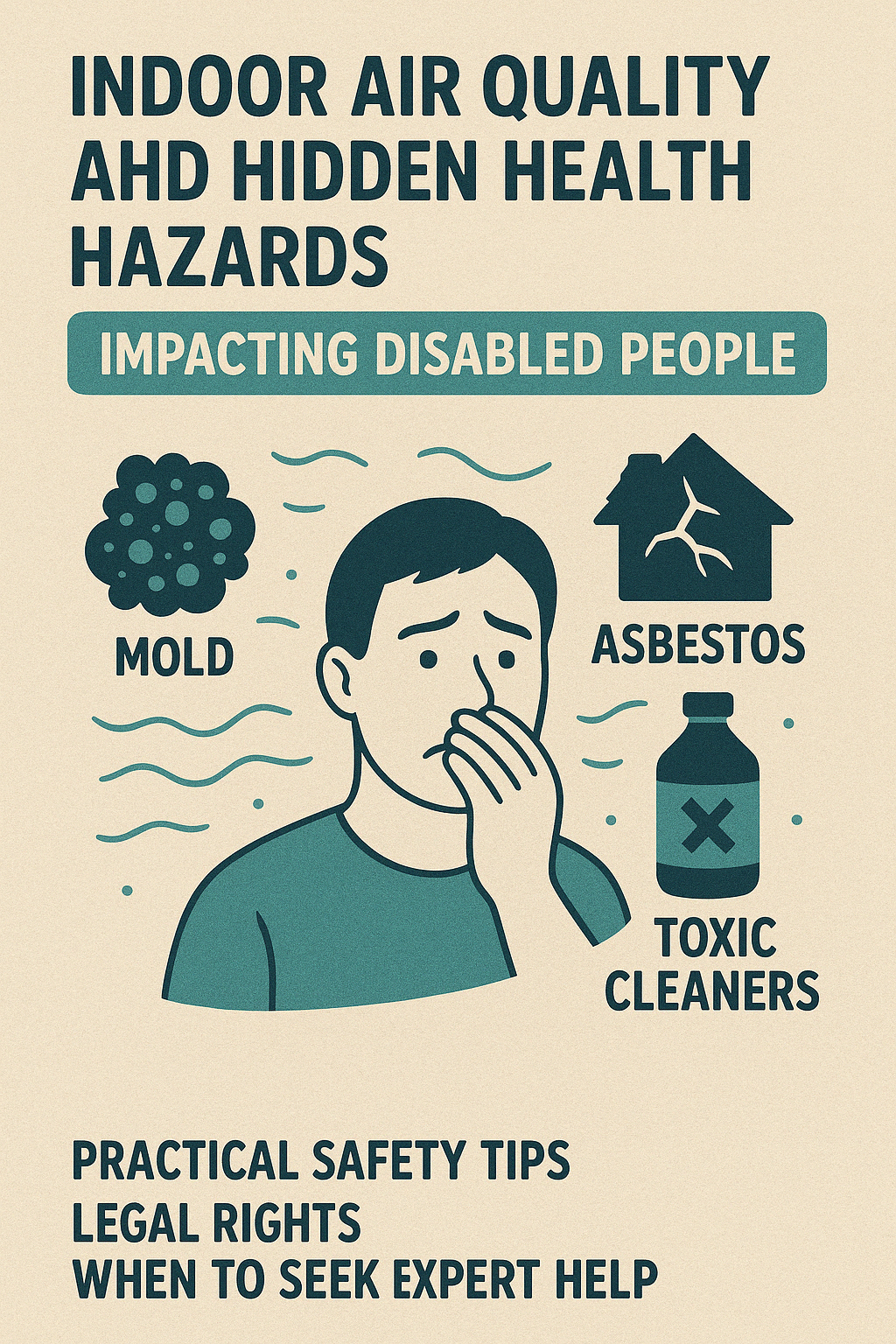 Poster titled "Indoor Air Quality and Hidden Health Hazards Impacting Disabled People." It shows a worried person covering their mouth, surrounded by icons representing mold, asbestos, and toxic cleaners. Text at the bottom reads: "Practical safety tips, legal rights, when to seek expert help." The design uses teal and beige tones.
