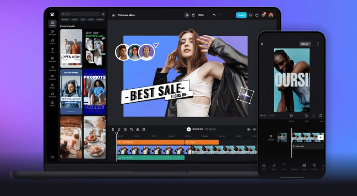 CapCut video editing software shown on a laptop and smartphone. The screens display video timelines, text overlays, and image cutouts, demonstrating how users can create professional-looking social media videos with simple tools.
