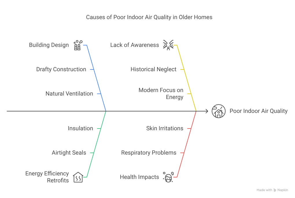 Diagram showing six key indoor environmental health safety measures. At the center is a grey box labeled "Indoor Environmental Health Safety Measures" with icons of a person and a door. Connected boxes surround it: green for "Asbestos Survey," pink for "Mold Prevention," red for "Ventilation," yellow for "Non-Toxic Cleaners," purple for "HEPA Air Filters," each with relevant icons. The layout suggests these are all part of a comprehensive indoor safety strategy.