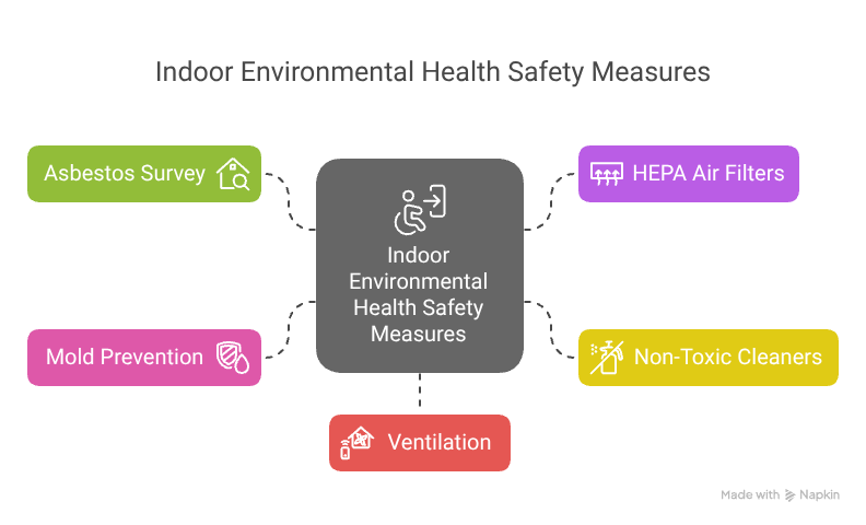 Diagram showing six key indoor environmental health safety measures. At the center is a grey box labeled "Indoor Environmental Health Safety Measures" with icons of a person and a door. Connected boxes surround it: green for "Asbestos Survey," pink for "Mold Prevention," red for "Ventilation," yellow for "Non-Toxic Cleaners," purple for "HEPA Air Filters," each with relevant icons. The layout suggests these are all part of a comprehensive indoor safety strategy.