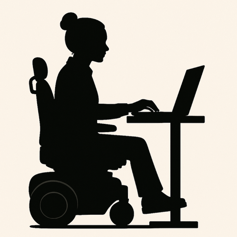 Silhouette of Emma Purcell sat in her wheelchair working on her laptop