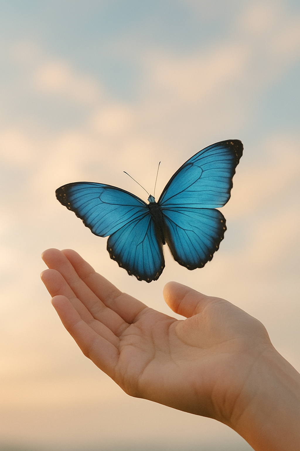 A single blue butterfly flying from an open hand, symbolising remembrance and hope