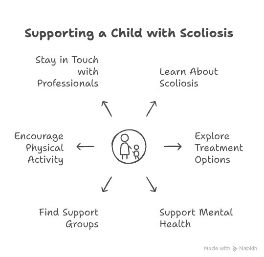 Infographic titled “Supporting a Child with Scoliosis” showing six tips around a central icon of a parent and child: Learn About Scoliosis, Explore Treatment Options, Support Mental Health, Find Support Groups, Encourage Physical Activity, and Stay in Touch with Professionals.