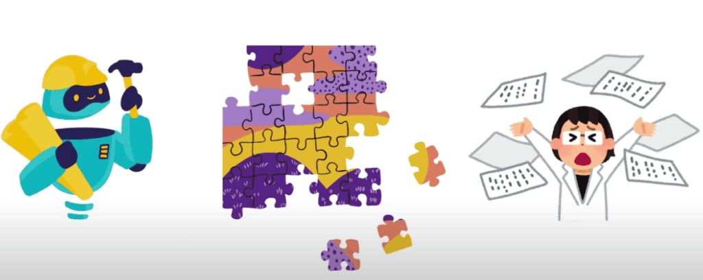 Cartoon-style image showing a robot with a hard hat and blueprint on the left, a colorful incomplete puzzle in the center, and a frustrated person in a lab coat with papers flying around on the right.