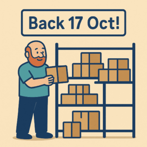 Cartoon man taking boxes off a shelf, with text above reading “Back 17 Oct!”