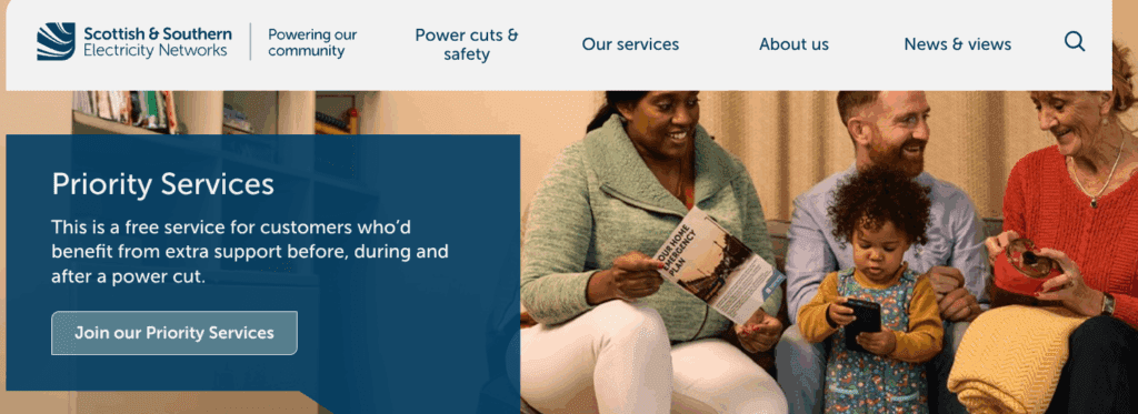 Screenshot of SSEN website page : A woman, man, child, and older woman sit together smiling while reading a home emergency plan leaflet. Text on screen: ‘Priority Services – This is a free service for customers who’d benefit from extra support before, during and after a power cut.’ Button text: ‘Join our Priority Services.’ Scottish and Southern Electricity Networks logo at top.