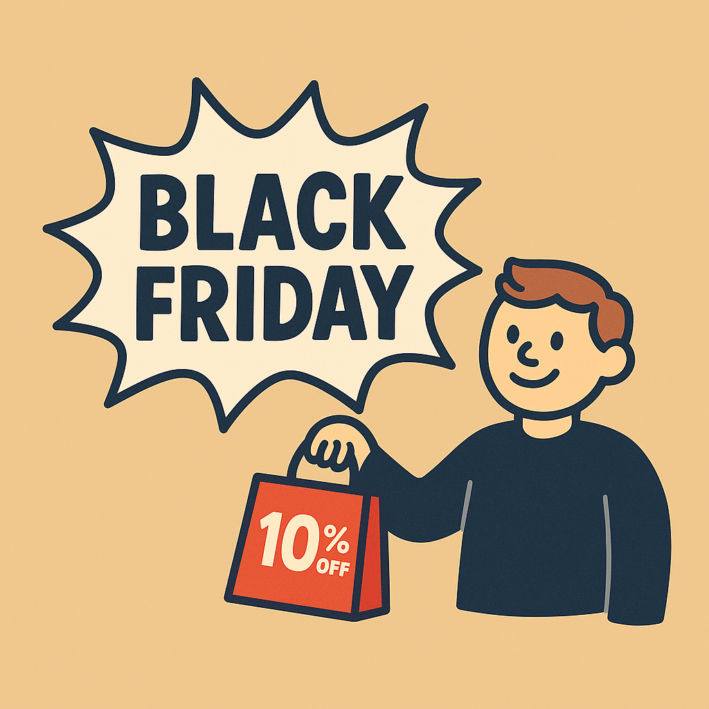 cartoon image of man with shopping back and 10% off on it