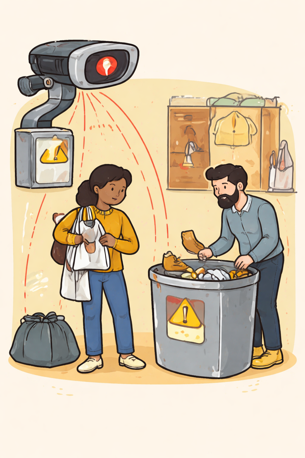 AI surveillance monitors shoppers in a charity shop while donated items are diverted into a waste bin.