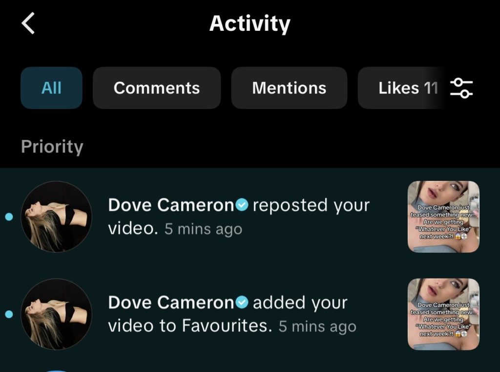 Screenshot of a social media activity page showing Dove Cameron reposted a video and added it to favourites