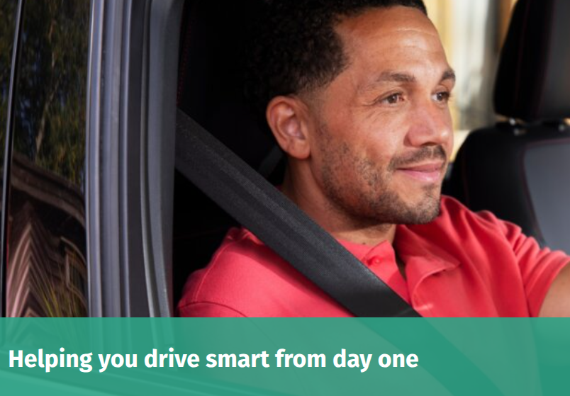 Man driving a car with seatbelt on, with text “Helping you drive smart from day one” promoting Motability DriveSmart
