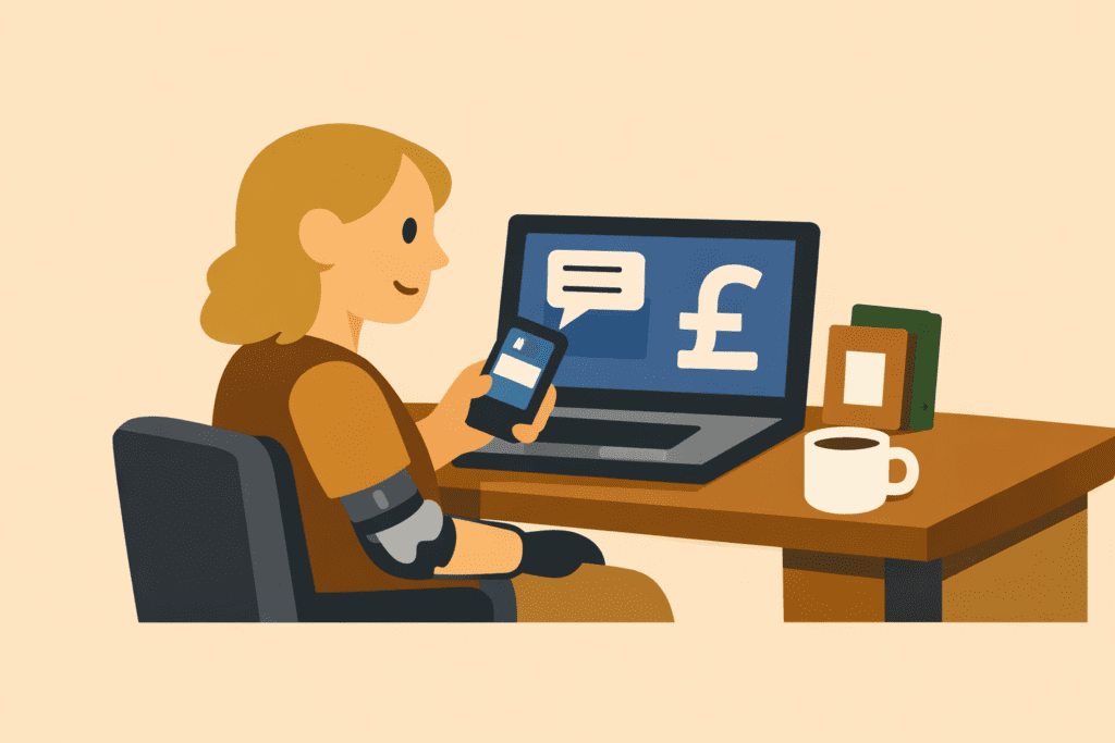 disabled entrepreneur using a laptop and phone for online banking, accessibility tools visible on screen, thoughtful expression, modern home office workspace